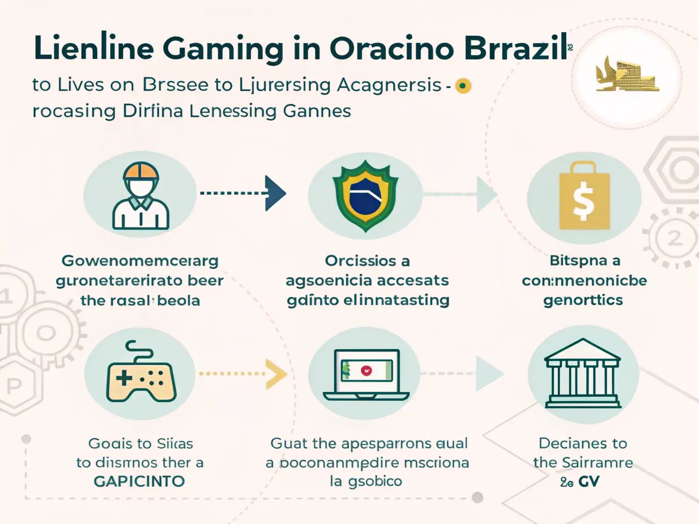 An educational infographic illustrating the licensing process and regulatory bodies in Brazil, representing Educational Pages on Gaming Regulations.