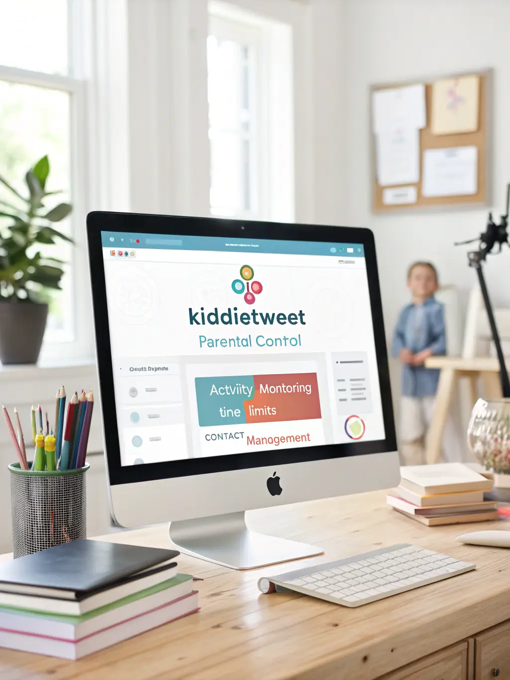 A blurred image of a computer screen with parental control software interface, emphasizing the importance of protecting minors from online gaming.